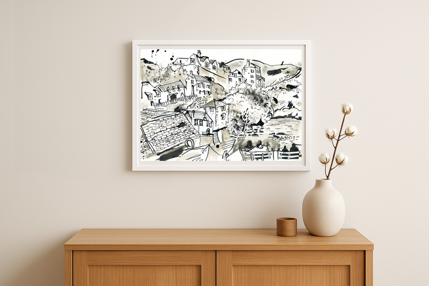 Port Isaac in black ink