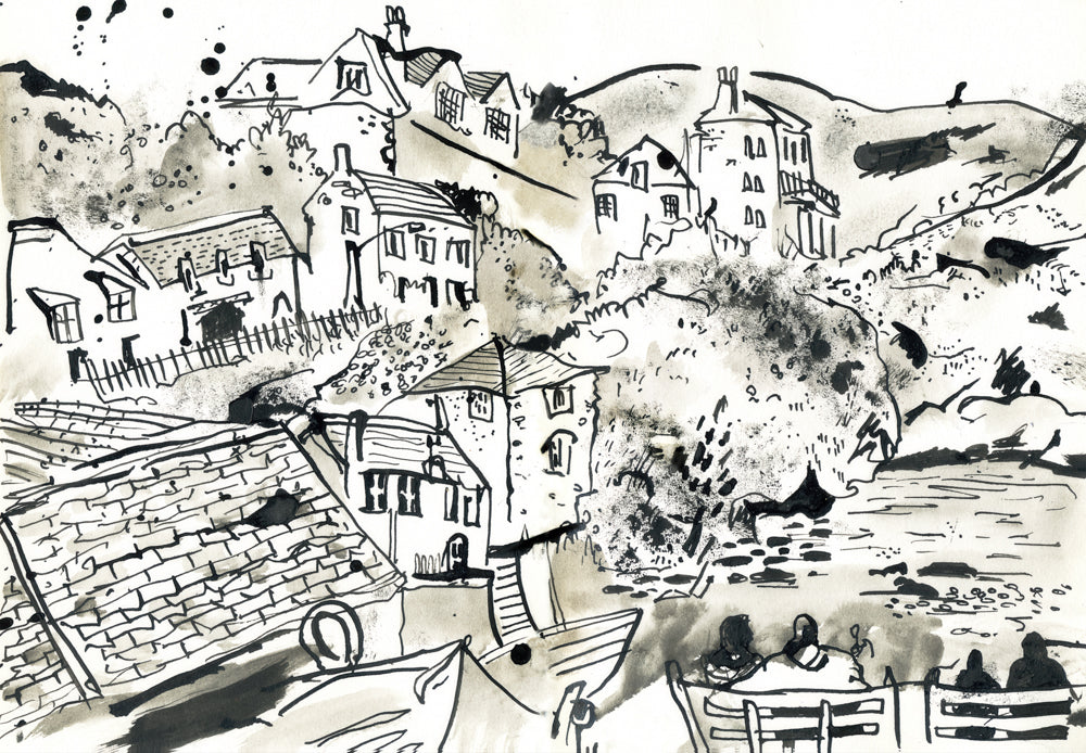 Port Isaac in black ink