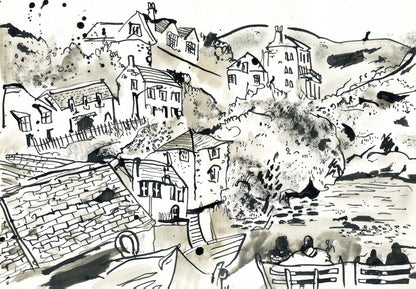 Port Isaac in black ink