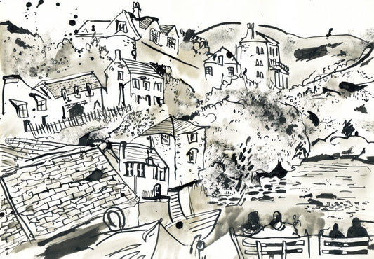 Port Isaac in black ink