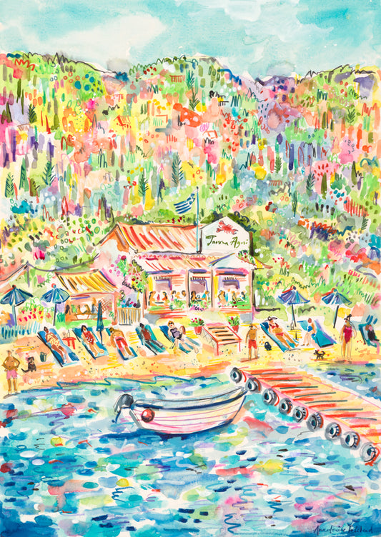 Sunbathers Taverna Agni Tea Towel