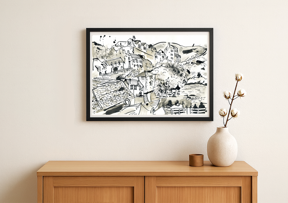 Port Isaac in black ink