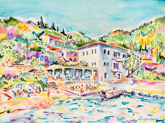A watercolor painting of 'The White House, Corfu' featuring a building by the sea with surrounding greenery.